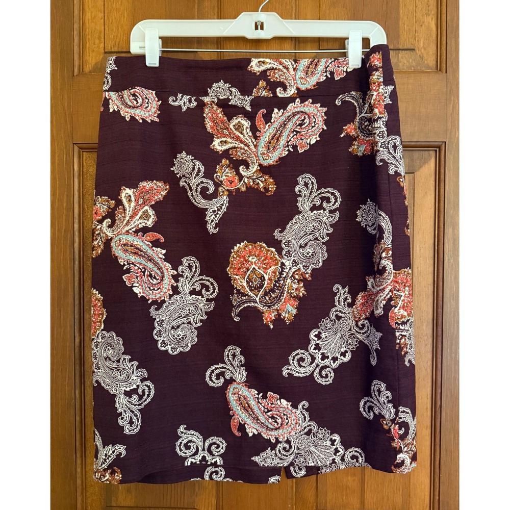 Ann Taylor Pencil Skirt Womens 12‎ Burgundy Paisley Fully Lined Cotton Back Zip